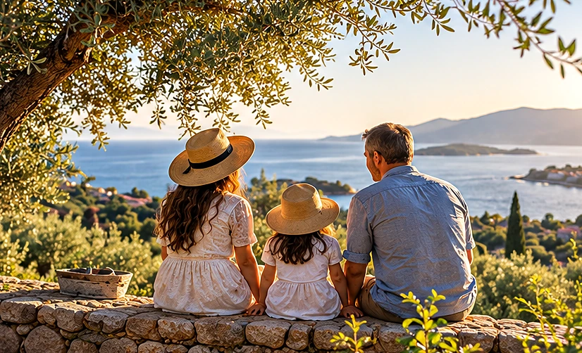 Zeytin ağaçlarının gölgesinde dinlenen aile, temsili görsel